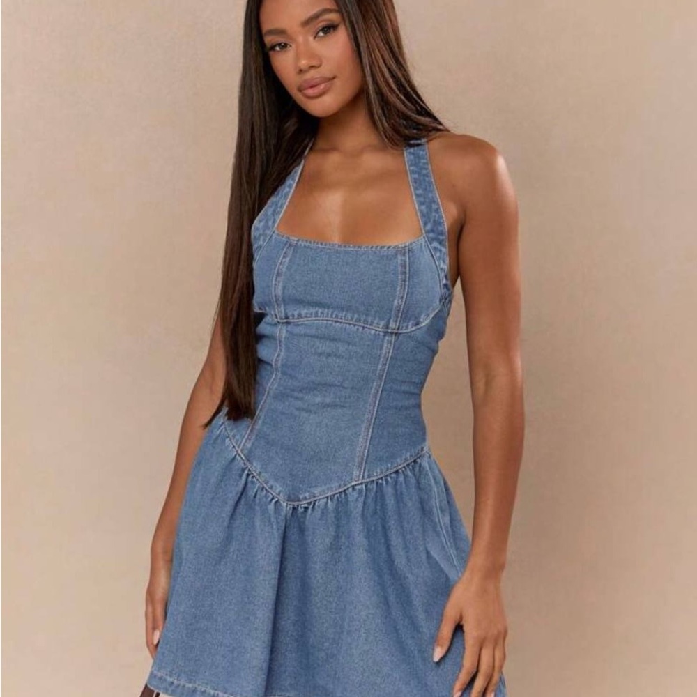 Missguided Blue Denim Halter Mini Dress